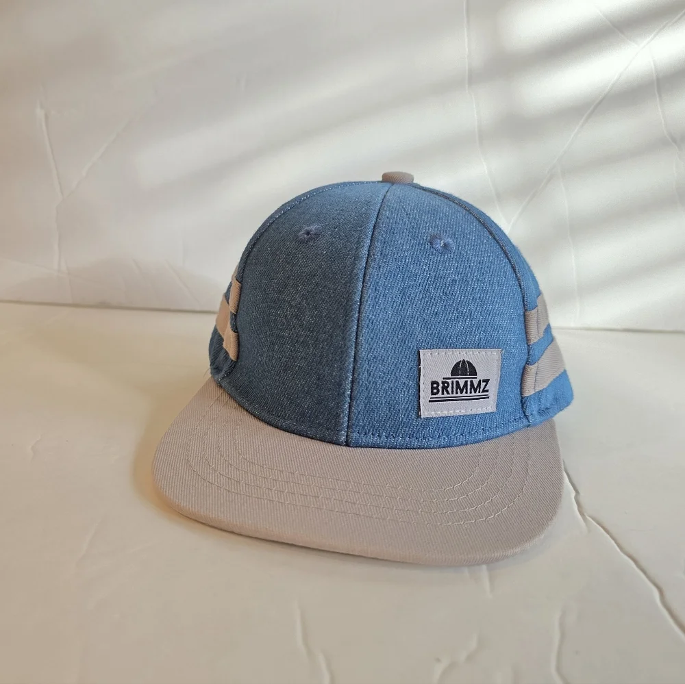Brimmz Trucker Hat snap back Denim Chambray black Blue White Stripe XS